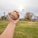 Close-up of a hand holding a baseball in a park in daylight.