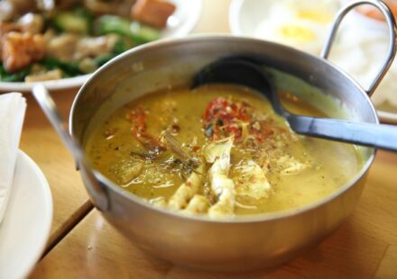 A close-up of a flavorful Thai chicken curry served in a metal bowl with fresh herbs.