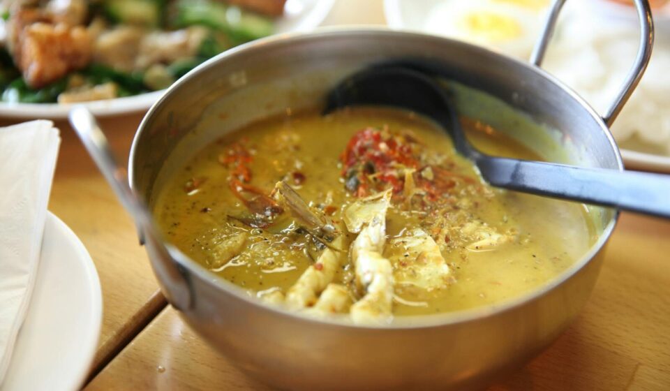 A close-up of a flavorful Thai chicken curry served in a metal bowl with fresh herbs.